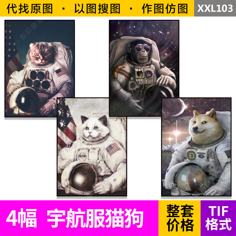 喵星人太空猫狗猴动物宇航服玄关装饰画芯高清电子原图片设计素材