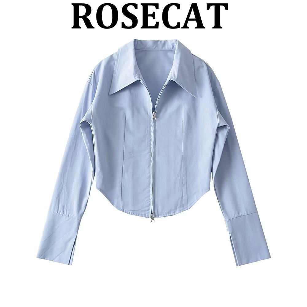 ROSECAT 设计感新款纯欲翻领双拉链弧形下摆长袖衬衫袖口开叉衬衣