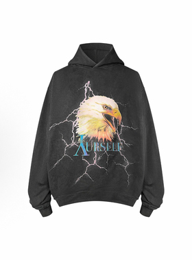 Askyurself老鹰闪电印花连帽卫衣男女黑色水洗做旧潮牌