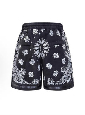 Askyurself高街风腰果花满印刺绣短裤男黑色军布抽绳潮流