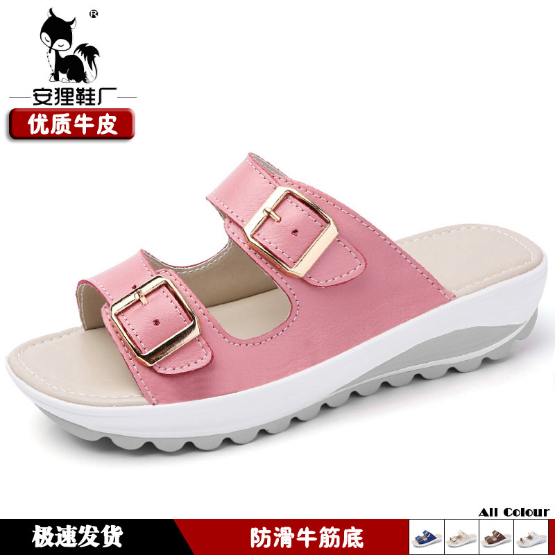 夏季安狸女鞋双扣平底休闲女凉鞋真皮防滑孕妇凉拖妈妈鞋沙滩鞋子