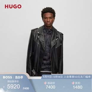 夹克外套 HUGO 牛皮夹克 BOSS男士 抛光饰边修身