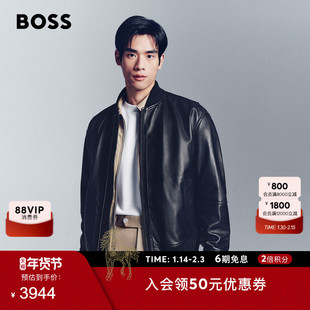 【羊皮革 棒球领】BOSS博斯 冬款纹理皮革皮衣夹克