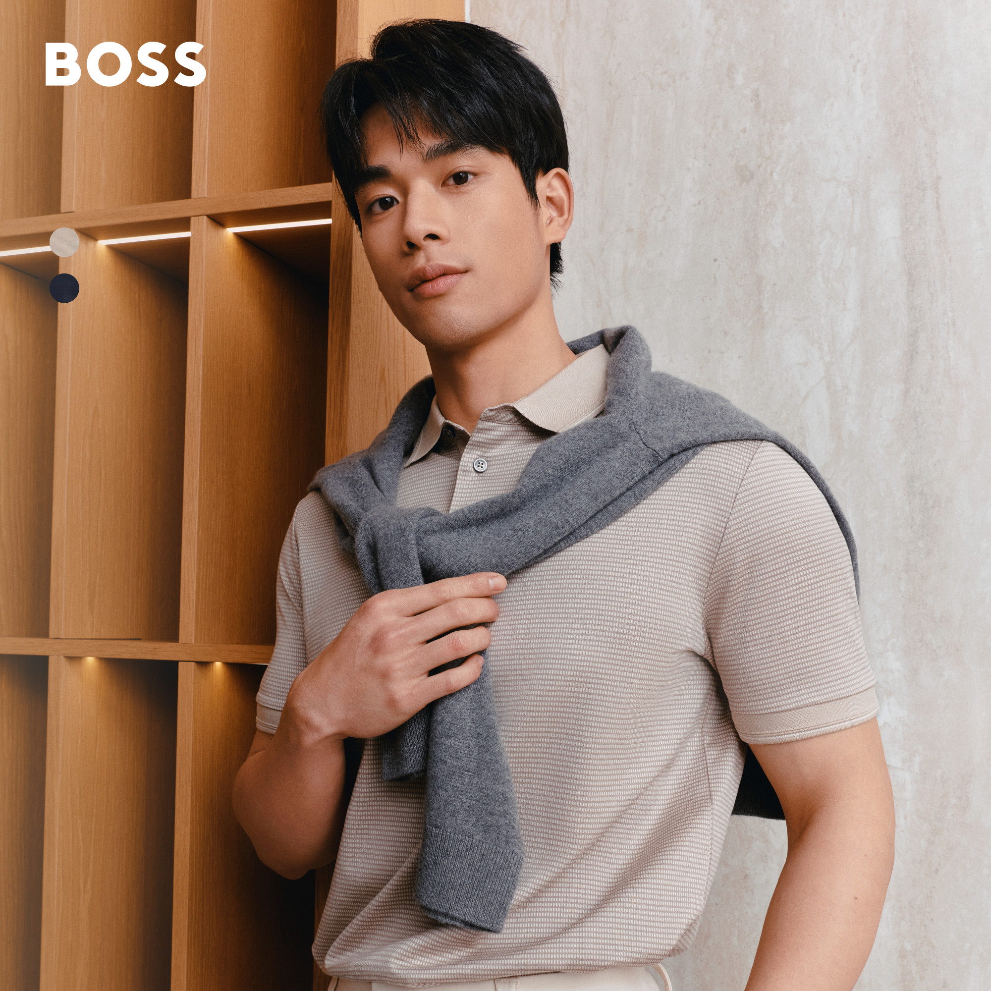 【父亲节礼物丝光棉】BOSS博斯26夏男老钱风华夫格短袖BOSSPolo衫