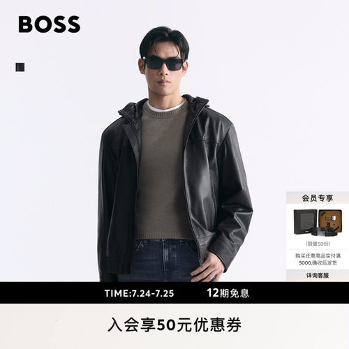 【羊皮革】BOSS博斯 男士26年春季新款羊皮革连帽皮衣
