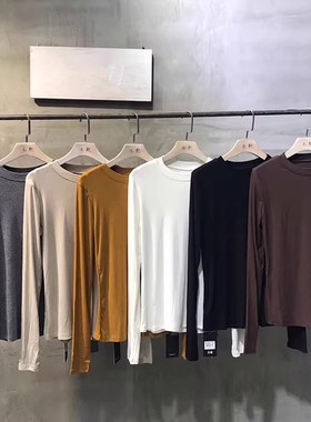 元熙8051 韩版秋季纯色圆领长袖T恤女黑色修身显瘦基础打底衫上衣