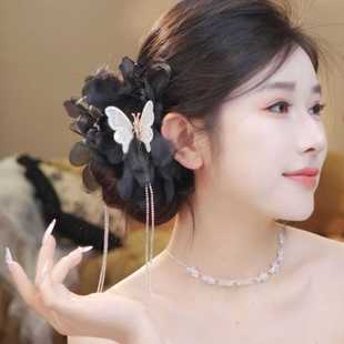 夏季新款超仙绢花蝴蝶流苏抓夹女多层花朵显发量时尚气质鲨鱼夹子