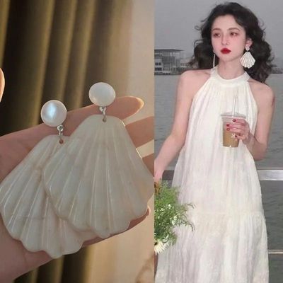 法式复古珍珠贝壳耳钉不规则夸张