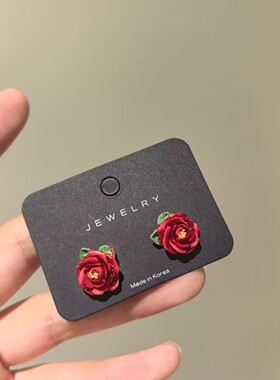 小众复古红色双叶玫瑰耳钉耳夹
