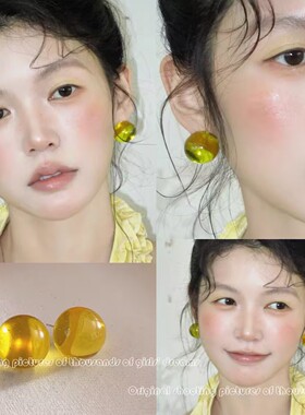 夏日显白黄色透明大珠子耳钉夸张圆脸显脸小个性耳环免打孔耳夹