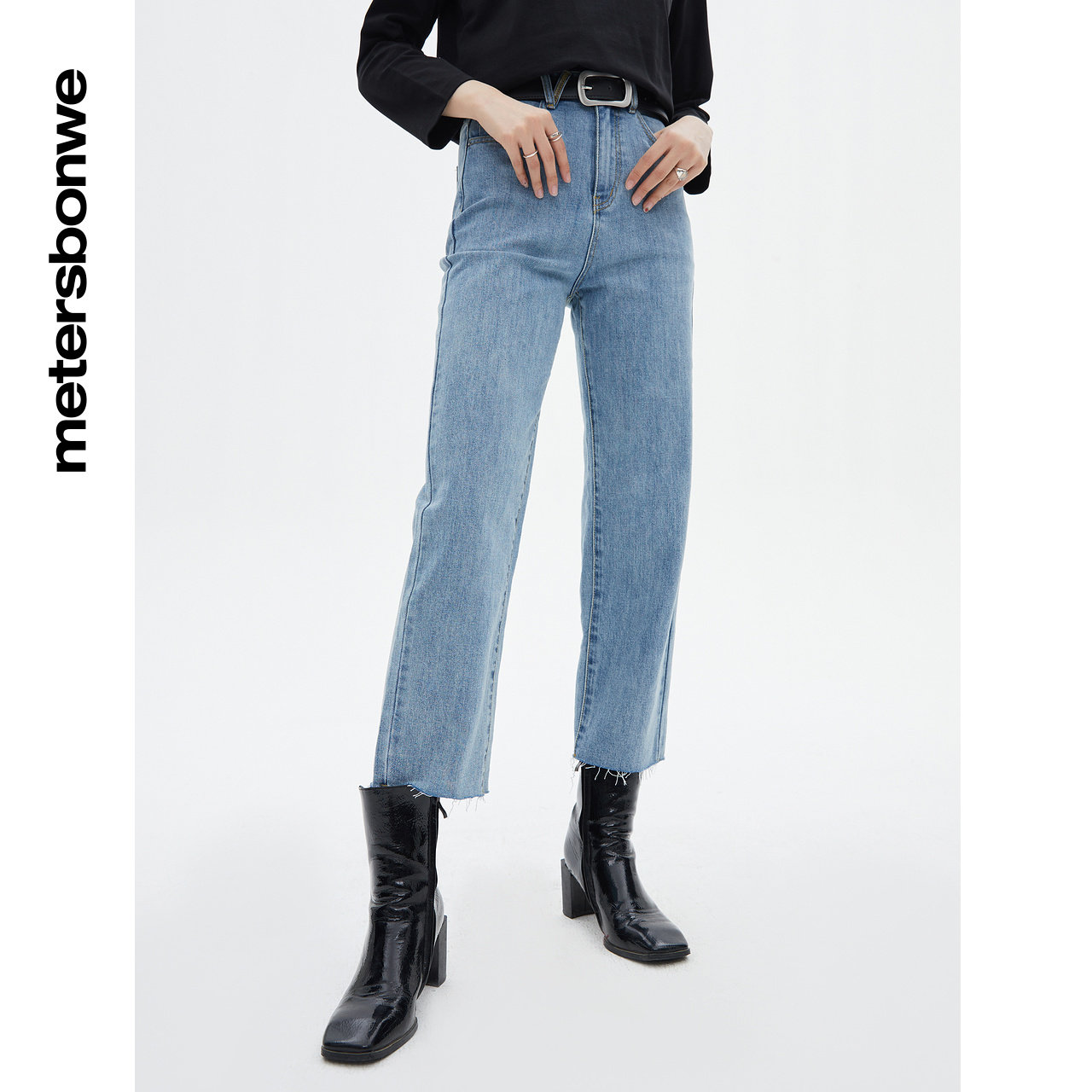 美特斯邦威牛仔裤女时春秋时尚高腰破洞款修身烟管九分裤