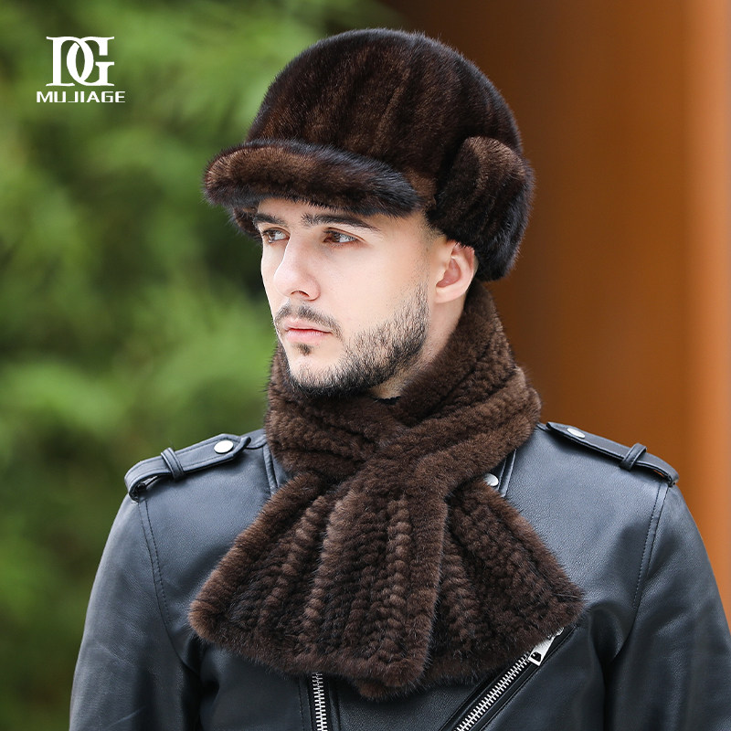 水貂毛皮草帽子男士冬季保暖护耳貂帽时尚冬天中老年人爸爸鸭舌帽