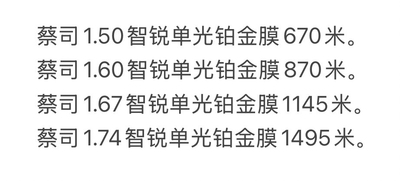 蔡司1.60智锐单光铂金膜镜片870一副