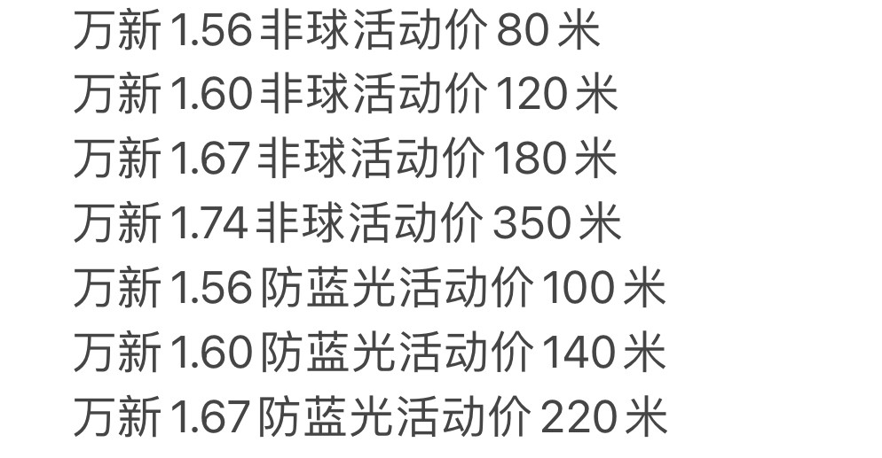 万新镜片1.56非球镜片活动价40米 高清超薄树脂非球面镜片