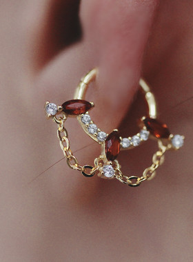 Daith环复古花环耳骨环helix1.2粗杆高耳位恶魔之眼耳环红色水钻