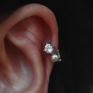 珍珠耳扣锆石水晶韩版百搭气质麻花耳圈925银个性欧美耳骨环网红