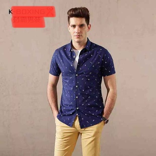 劲家夏款男士薄款修身短袖衬衫宝蓝色衬衣吸汗透气