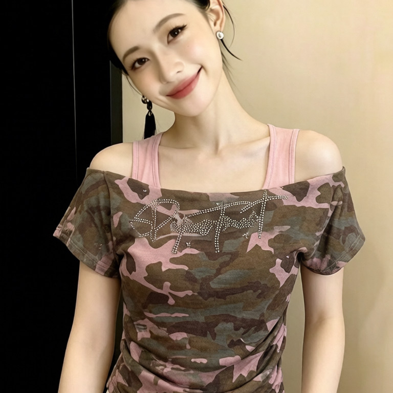 街舞潮牌迷彩做旧闪钻辣妹修身短袖美式复古个性显瘦上衣衬衣