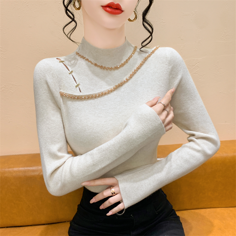 实拍  重工钉钻半高领毛衣女秋冬新款半高领显瘦针织衫打底衫上衣