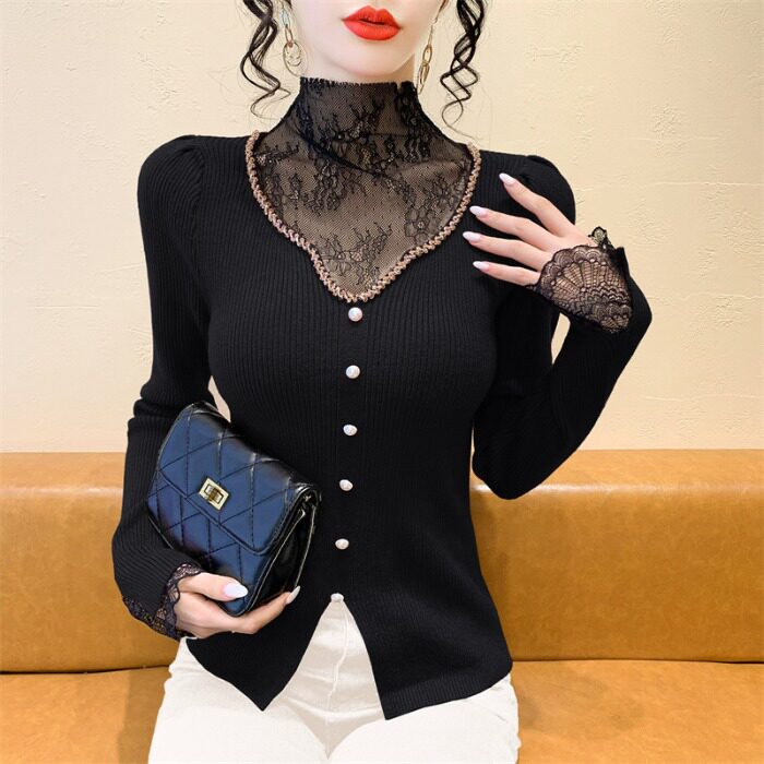 实拍 上档次针织衫毛衣假两件套秋冬新款高端名媛风蕾丝拼接订珠
