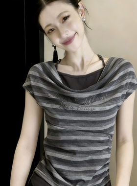 夏季纯欲辣妹修身假两件挂脖短袖t恤女设计感不规则抽褶条纹上衣