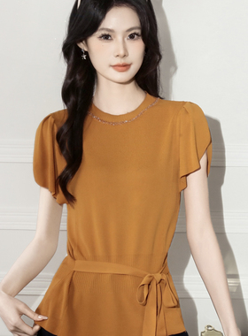 实拍甜美圆领泡泡袖针织衫女夏季新款钉钻收腰蝴蝶结系带套头上衣