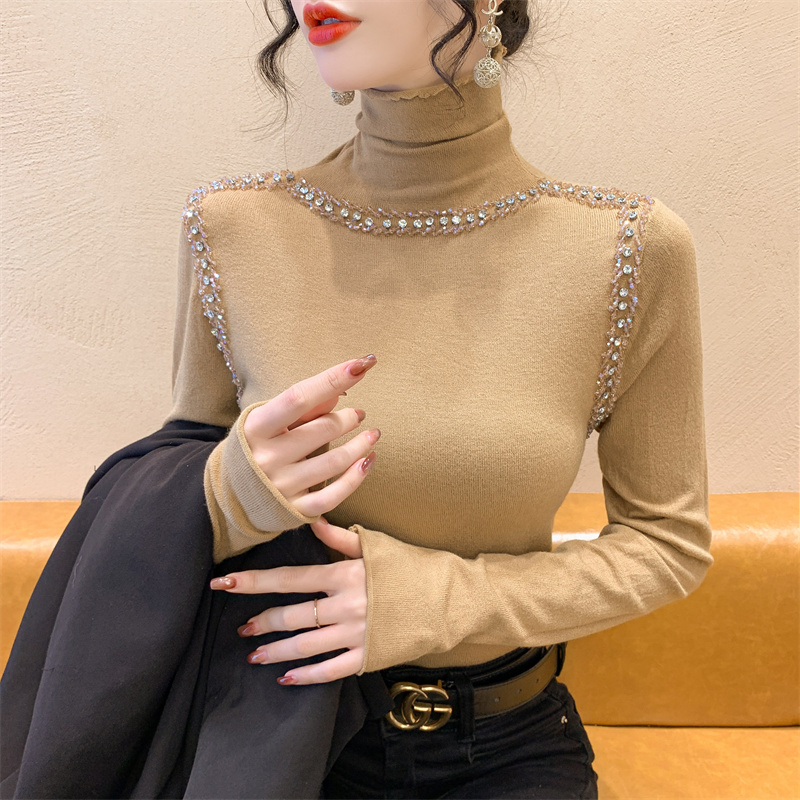 实拍 重工钉钻半高领2025秋冬新款打底针织衫内搭毛衣女