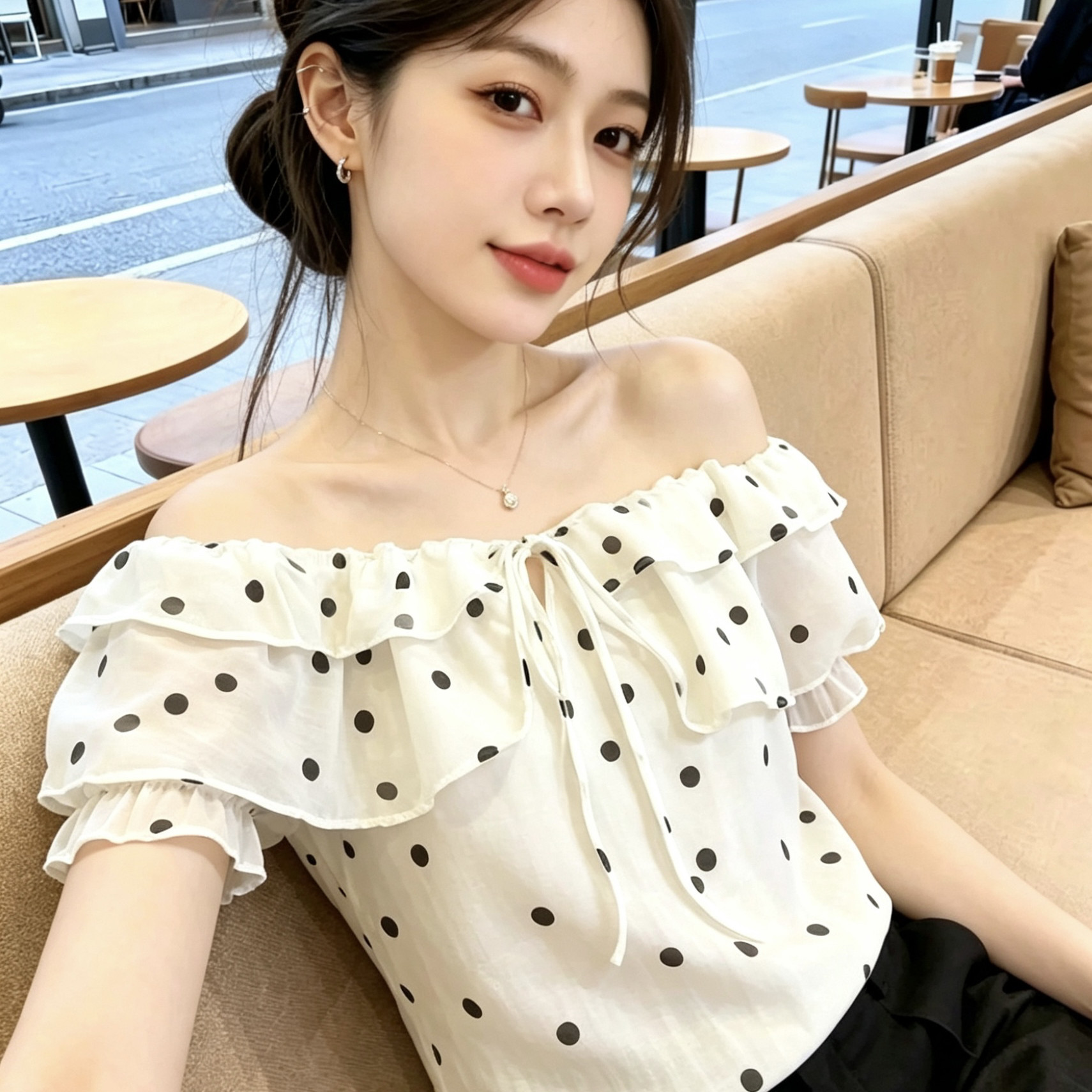 飘蕾法式气质荷叶边衬衫女夏季新款气质甜美波点上衣一字肩