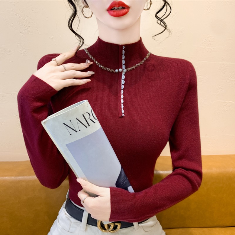 实拍 重工钉钻打底衫女秋冬高级感新款爆款修身气质蕾丝拼接上衣