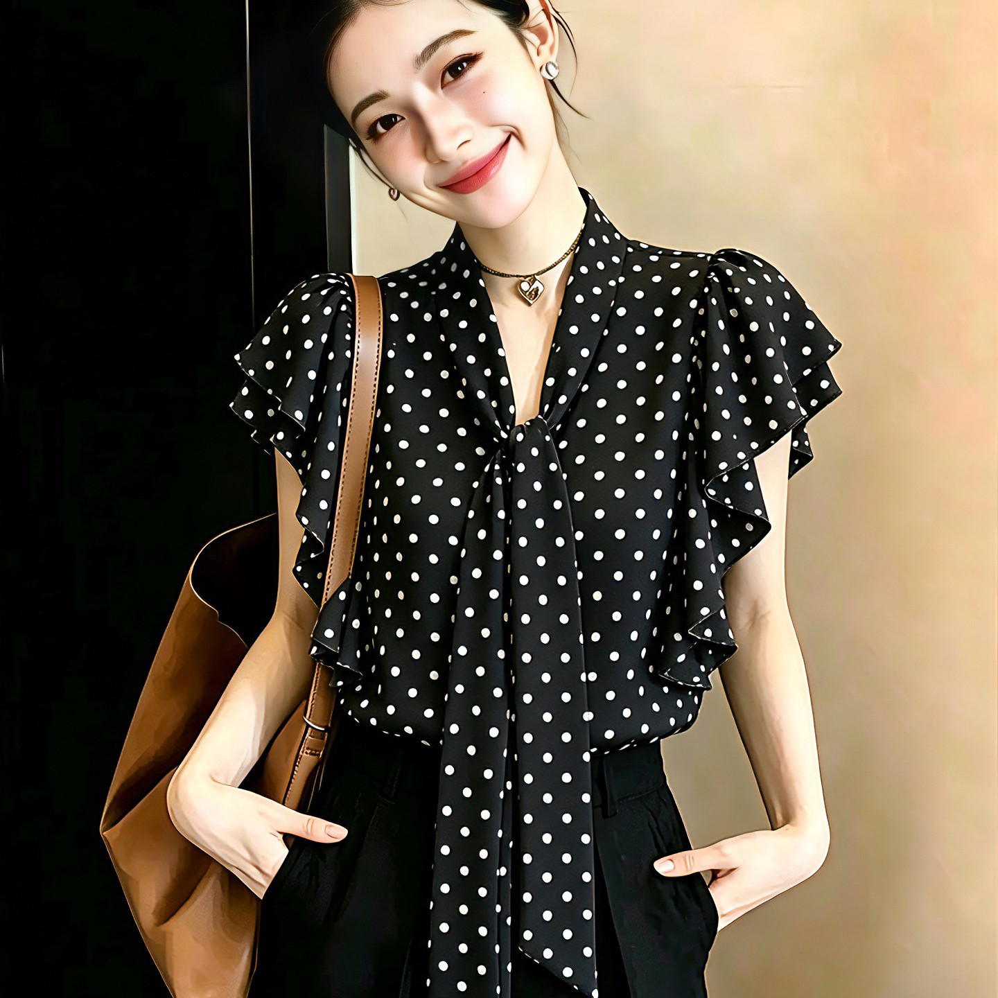 法式波点印花飘带V领衬衫上衣女显瘦荷叶边飞飞袖雪纺衬衣夏