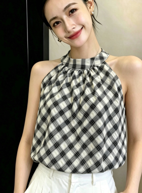 韩系格子设计感挂脖背心女夏季花苞辣妹露肩宽松无袖外穿蓬蓬上衣