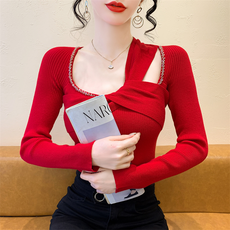 实拍2025新款气质毛衣重工钉钻不规则镂空针织衫内搭打底上衣