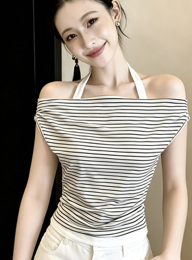 高级感撞色假两件上衣通勤一字肩条纹短袖t恤2026夏季韩系打底衫
