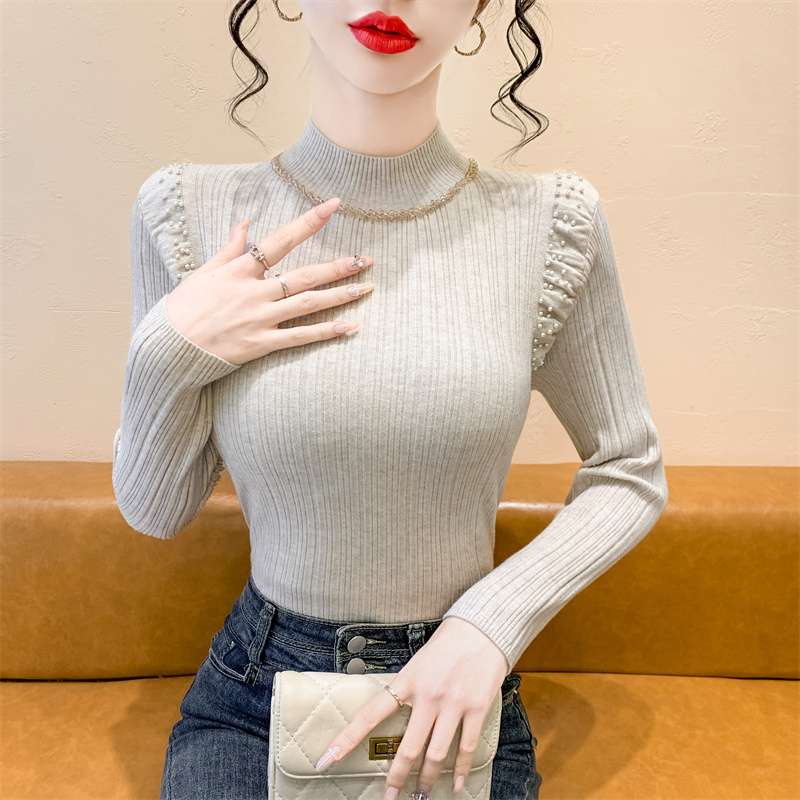 实拍 半高领内搭珍珠订钻领秋冬新款高级感打底衫显瘦针织衫毛衣