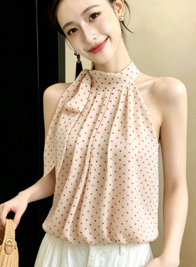 法式温柔波点碎花飘带背心小衫女夏季独特漂亮超好看无袖衬衫上衣