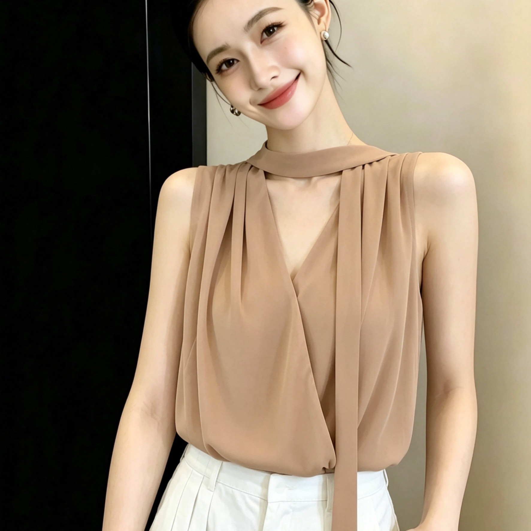 韩系高级设计感飘带无袖上衣春夏新款V领显瘦衬衫女