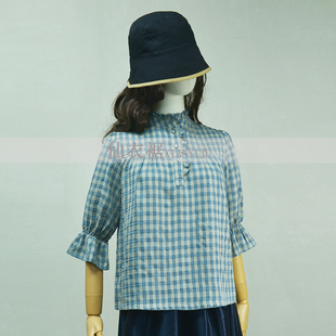 仙衣裾灰蓝格子衬衫 休闲上衣减龄衬衣女 荷叶边立领通勤七分喇叭袖