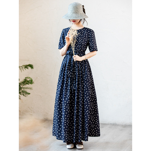 仙衣裾设计师藏蓝色波点连衣裙圆领收腰显瘦气质女神高级感长裙子