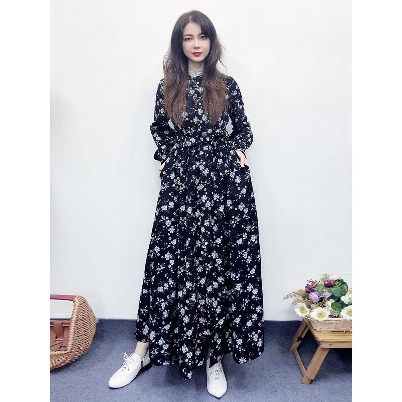 仙衣裾设计师黑色印花连衣裙复古立领长袖收腰外套风衣长裙秋冬女