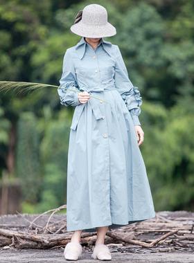 [清仓款卖完即止]  灰蓝色连衣裙花苞袖文艺风衣女中长款外套裙