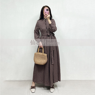 仙衣裾原创设计师咖啡色连衣裙木耳边立领高级优雅气质长裙2026新