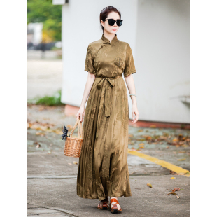仙衣裾设计师原创复古连衣裙香槟金改良旗袍裙修身 显瘦气质大摆裙