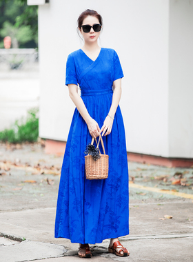 [清仓款卖完即止] 蓝色连衣裙复古V领大摆长裙收腰修身文艺气质女