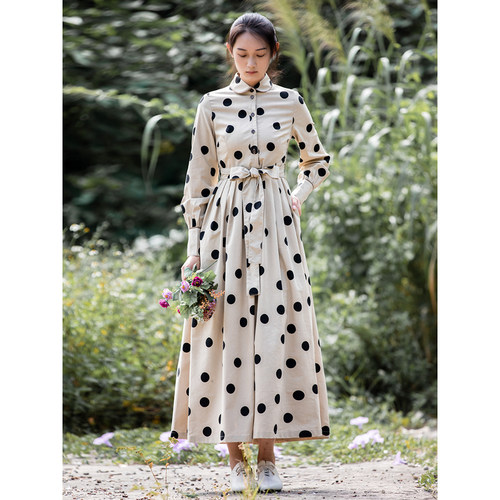 法式大摆长裙棉麻圆点波点