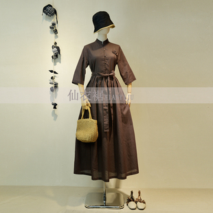 仙衣裾原创设计复古咖啡色连衣裙女高级感立体花优雅气质长裙子女