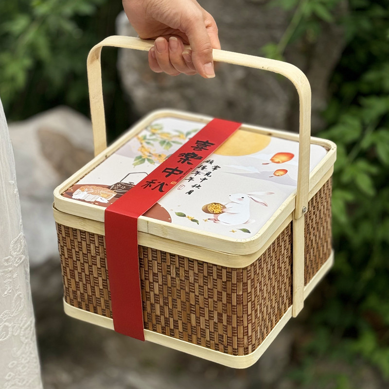 2026中秋月饼礼盒 高端竹编月饼包装盒8粒装大月饼盒子蛋黄酥礼盒