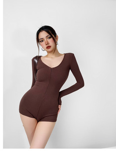 欧美风春季新款灰色连体衣修身性感辣妹拉链设计V领收腰打底长袖