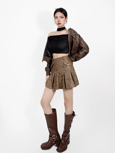 美式复古秋季新款中低腰显瘦百搭百褶裙辣妹高品质擦色皮工装短裙