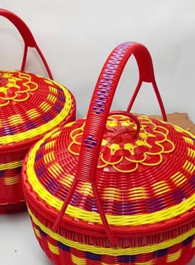 新款带盖拜拜篮传统结婚圆形手提篮购物菜篮家用拜神野餐篮收纳篮