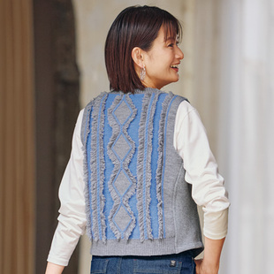 2025年秋季 后背流苏与立体配色图案休闲马甲 有大码 日本代购